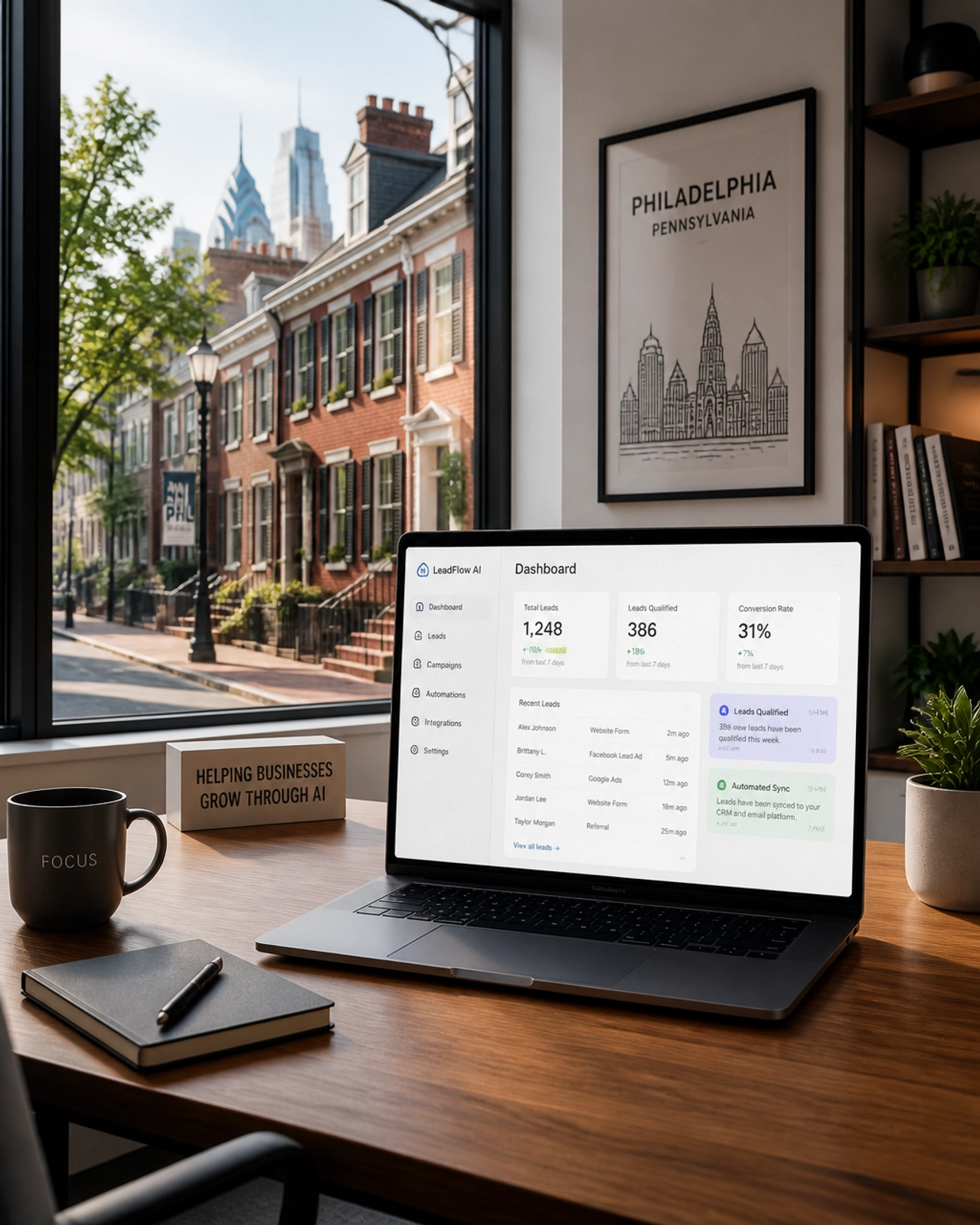 AI-powered lead capture dashboard in a Philadelphia office
