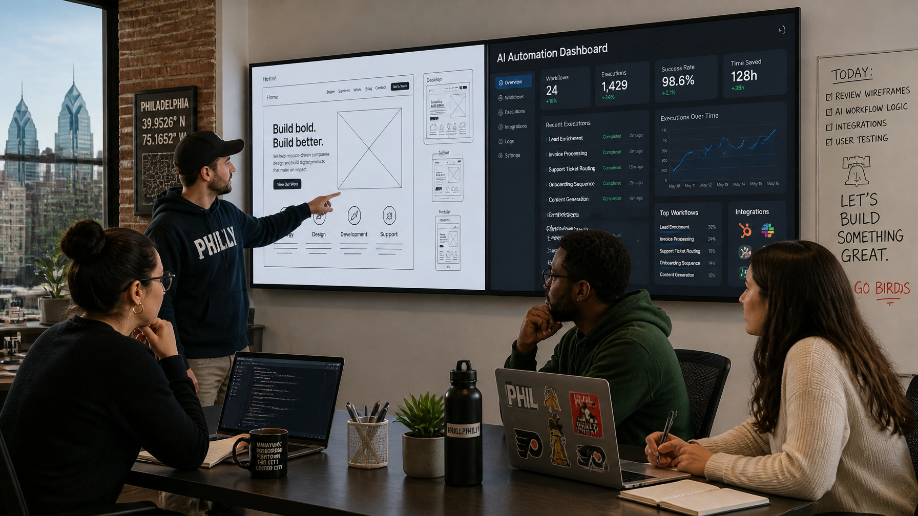 Collaborative team of Philadelphia developers and designers reviewing website wireframes and AI dashboards
