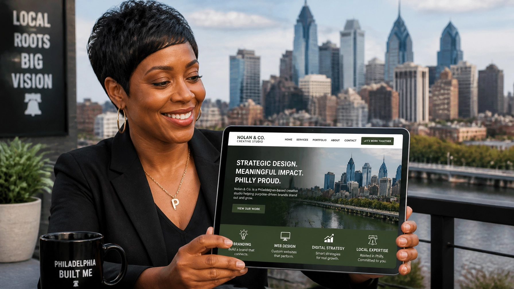 Proud Philadelphia business owner looking at their new high-performing custom website on a tablet with the skyline in the background