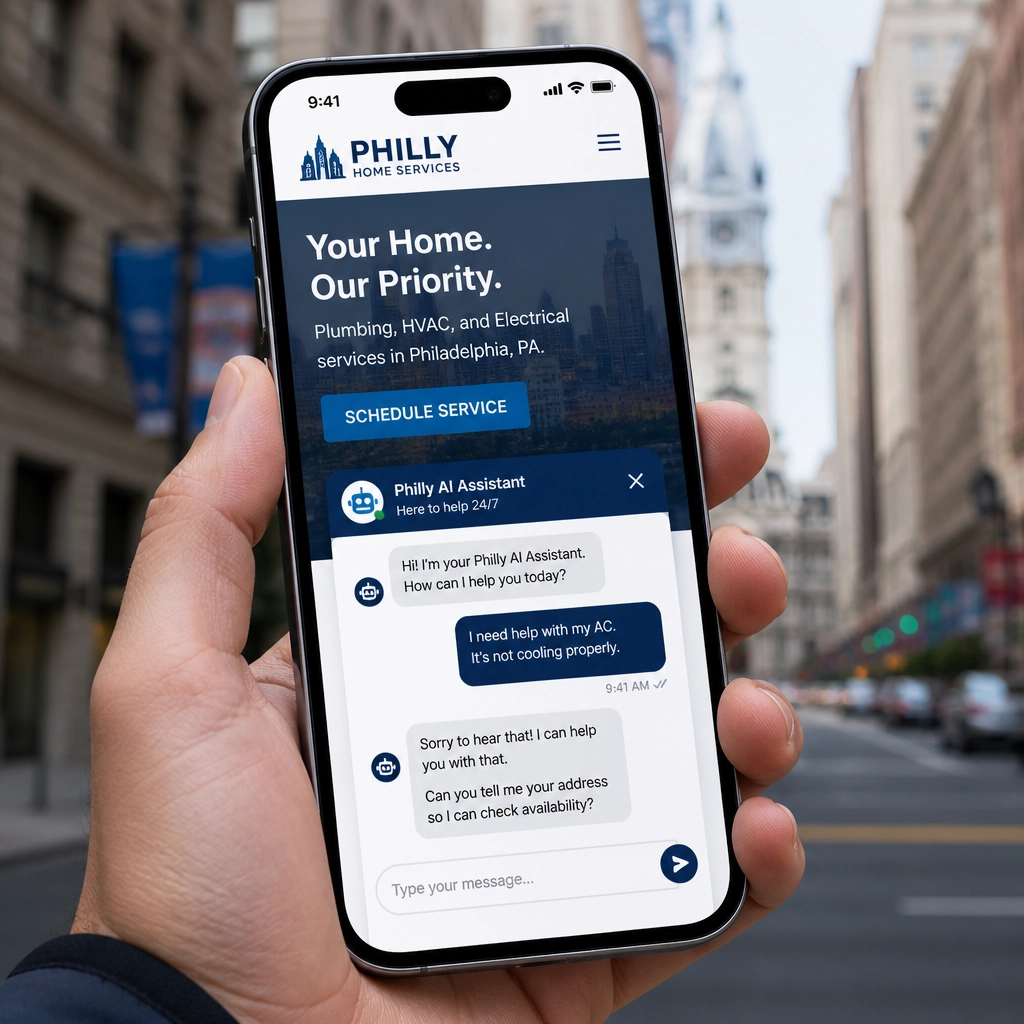 A mobile phone showing a sleek AI chat interface helping a customer on a Philadelphia business website
