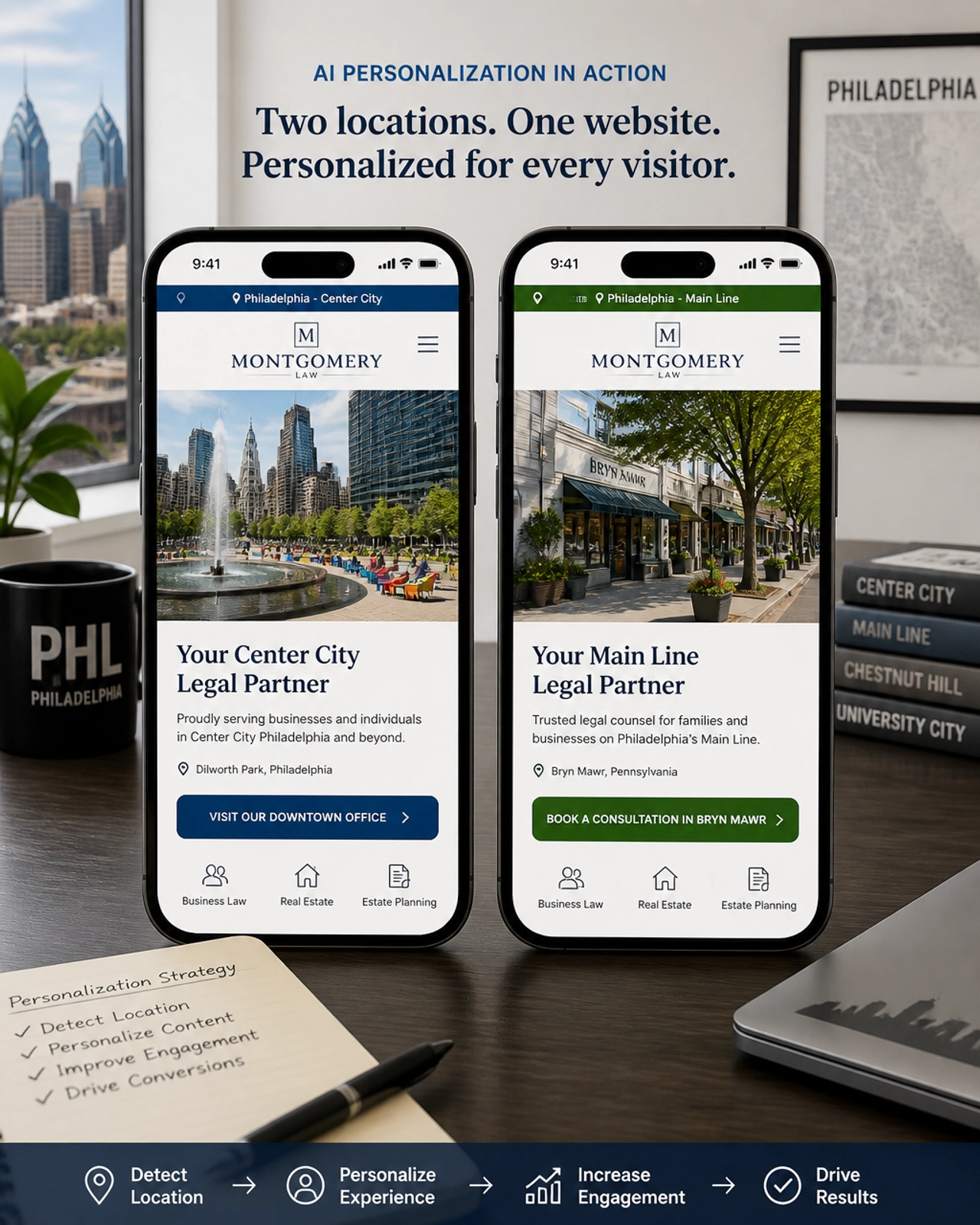 Split screen showing location-based AI personalization on mobile devices