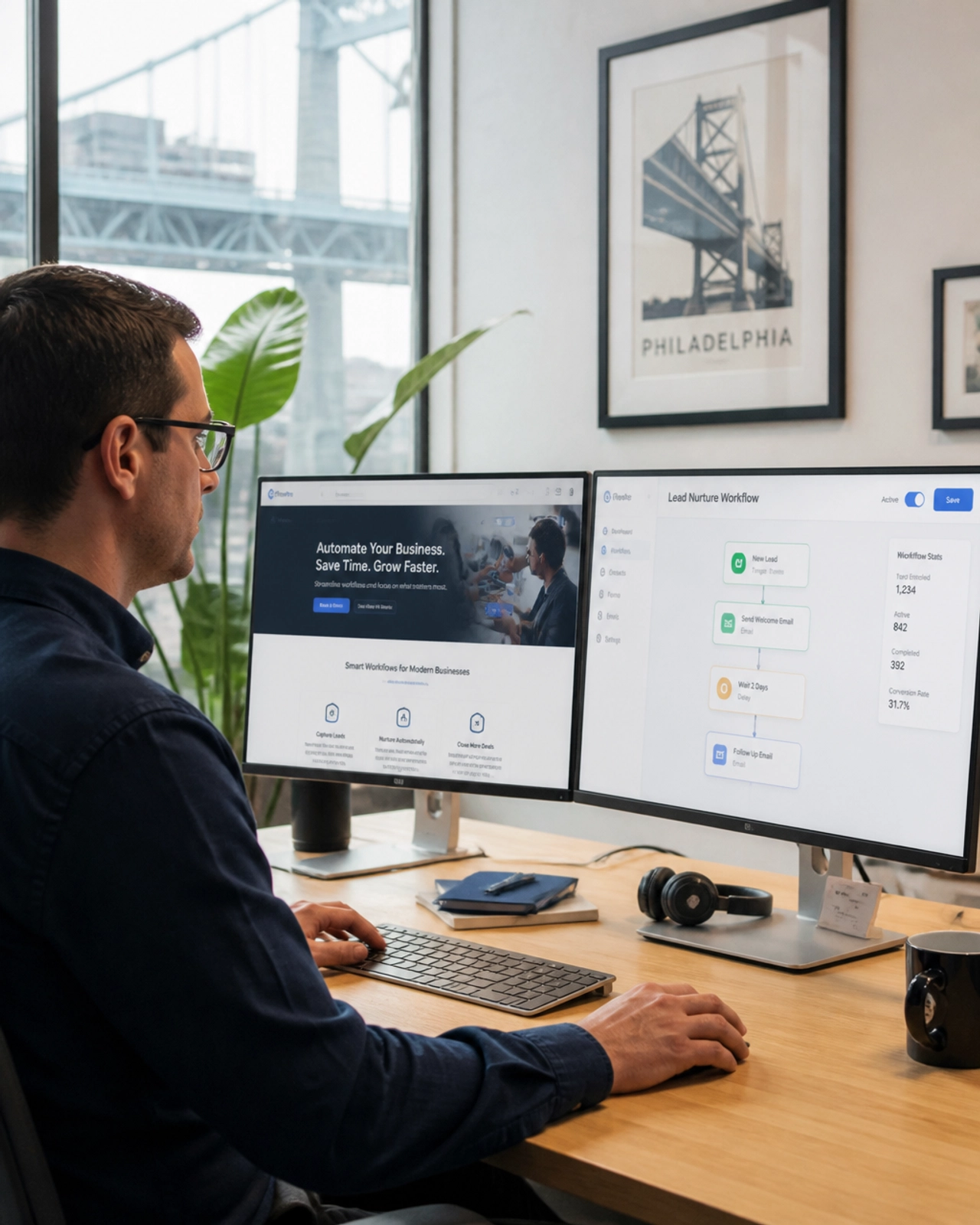 A Philadelphia business owner in a modern Fishtown office monitoring their business dashboard on a laptop