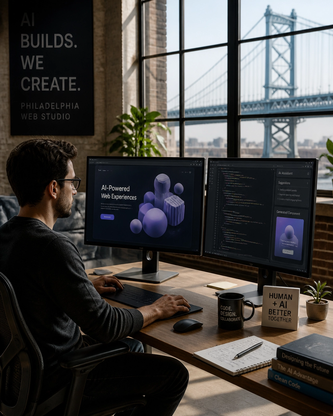 A web designer in a Philadelphia studio working with an AI-assisted design interface.