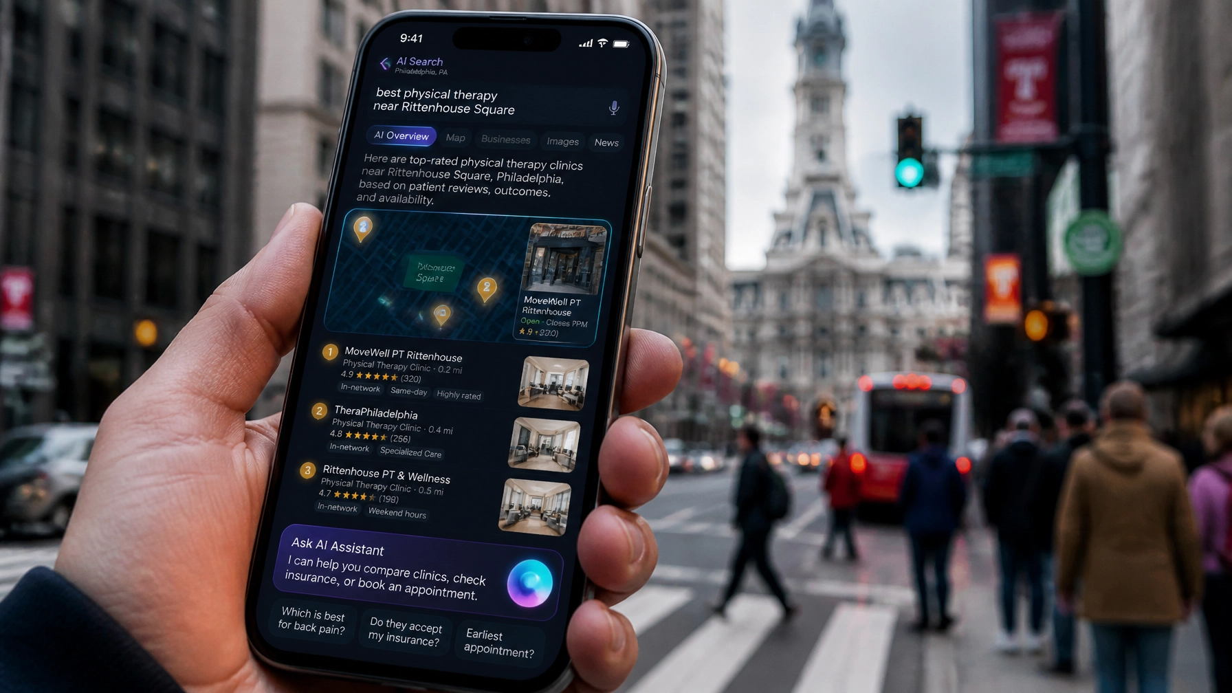 AI Search results on a smartphone in a busy Philadelphia street