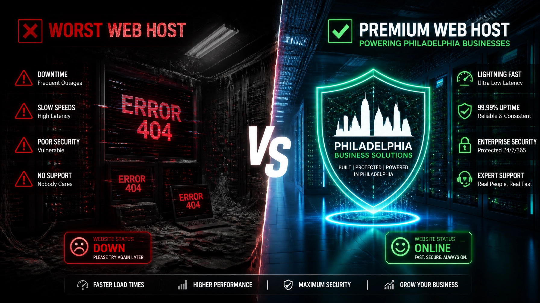 A comparison visual showing a dark, glitchy 'worst web host' server room vs. a bright, high-tech BENT Enterprise data center protected by a digital shield.