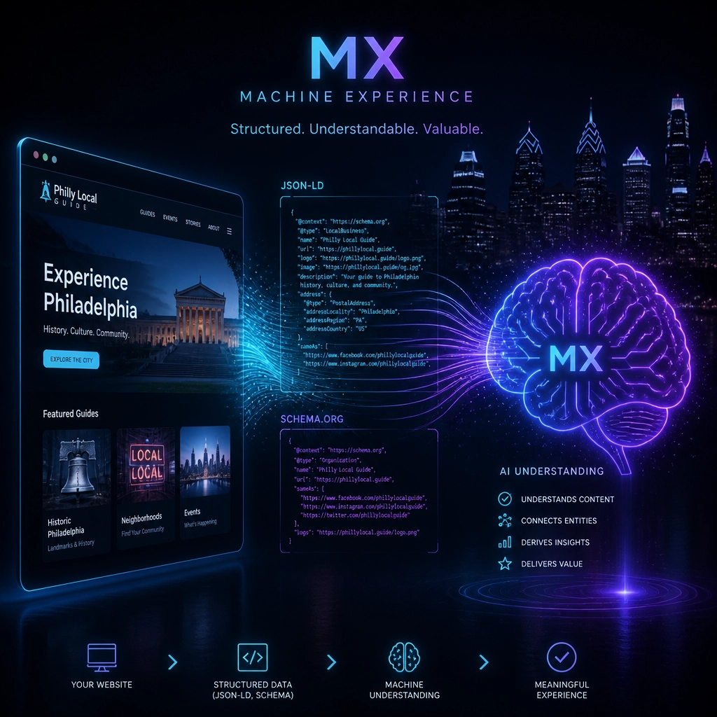 A technical representation of Machine Experience (MX) where code connects a website to a glowing AI brain icon.