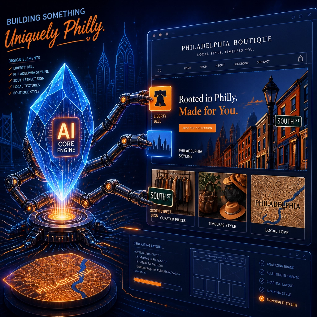 AI engine assembling a website layout for a Philadelphia boutique brand