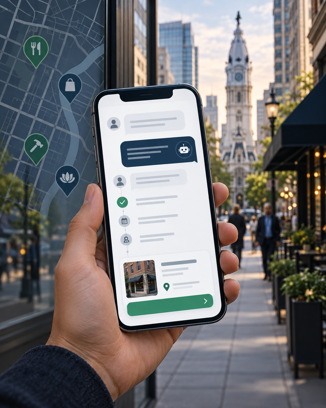 Smartphone showing an AI-assisted local service request workflow in Philadelphia