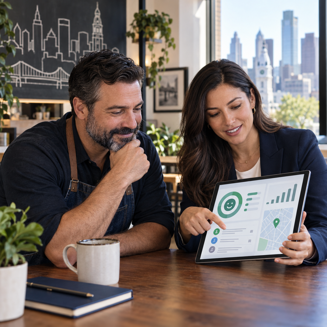 Business owner and strategist reviewing an AI-supported customer feedback workflow in Philadelphia