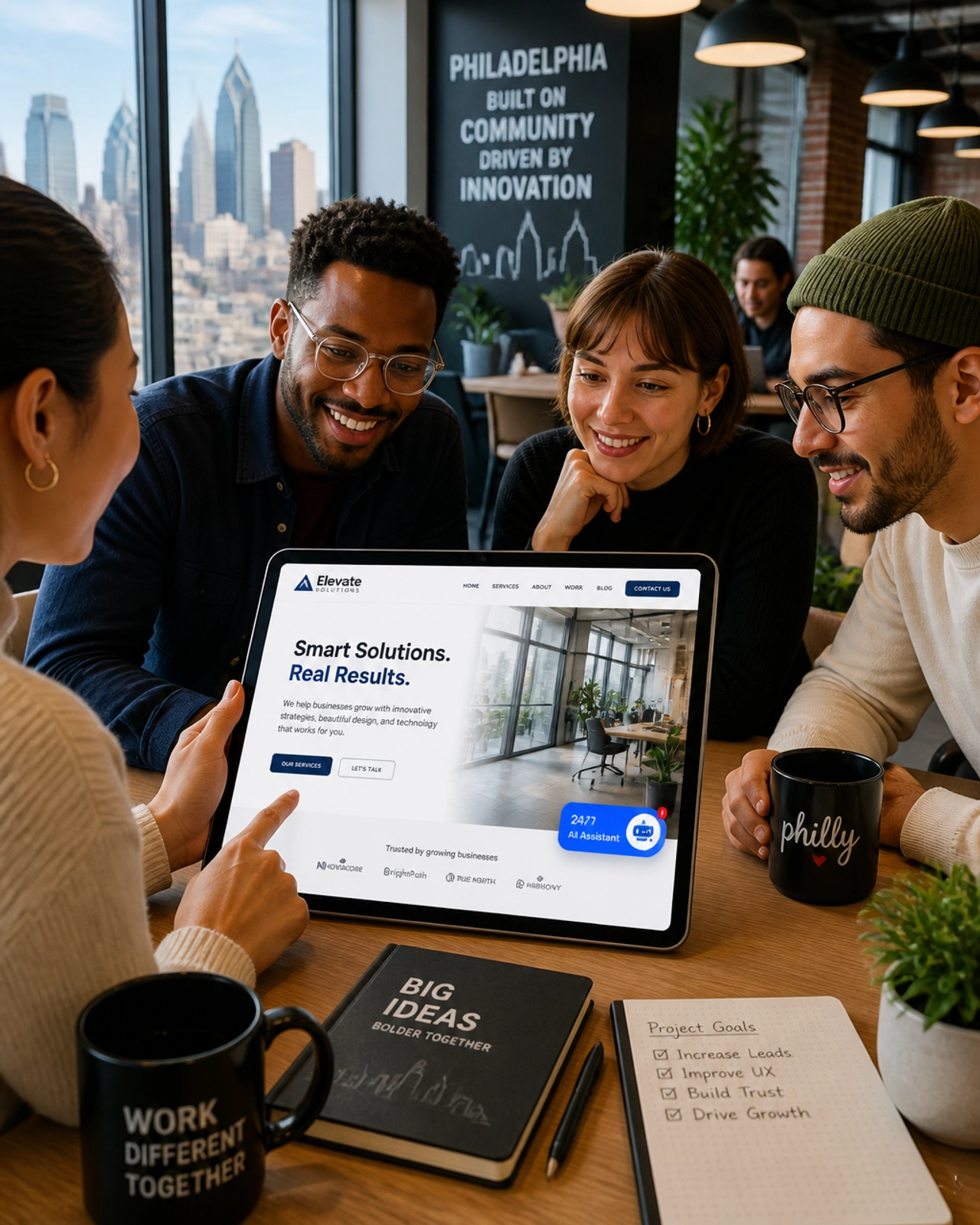 Diverse Philly business team collaborating on a modern AI-integrated website design