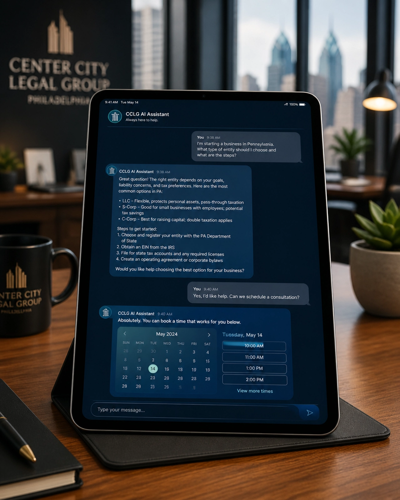 A sleek AI chatbot interface on a tablet in a modern office, showing a helpful conversation and booking calendar