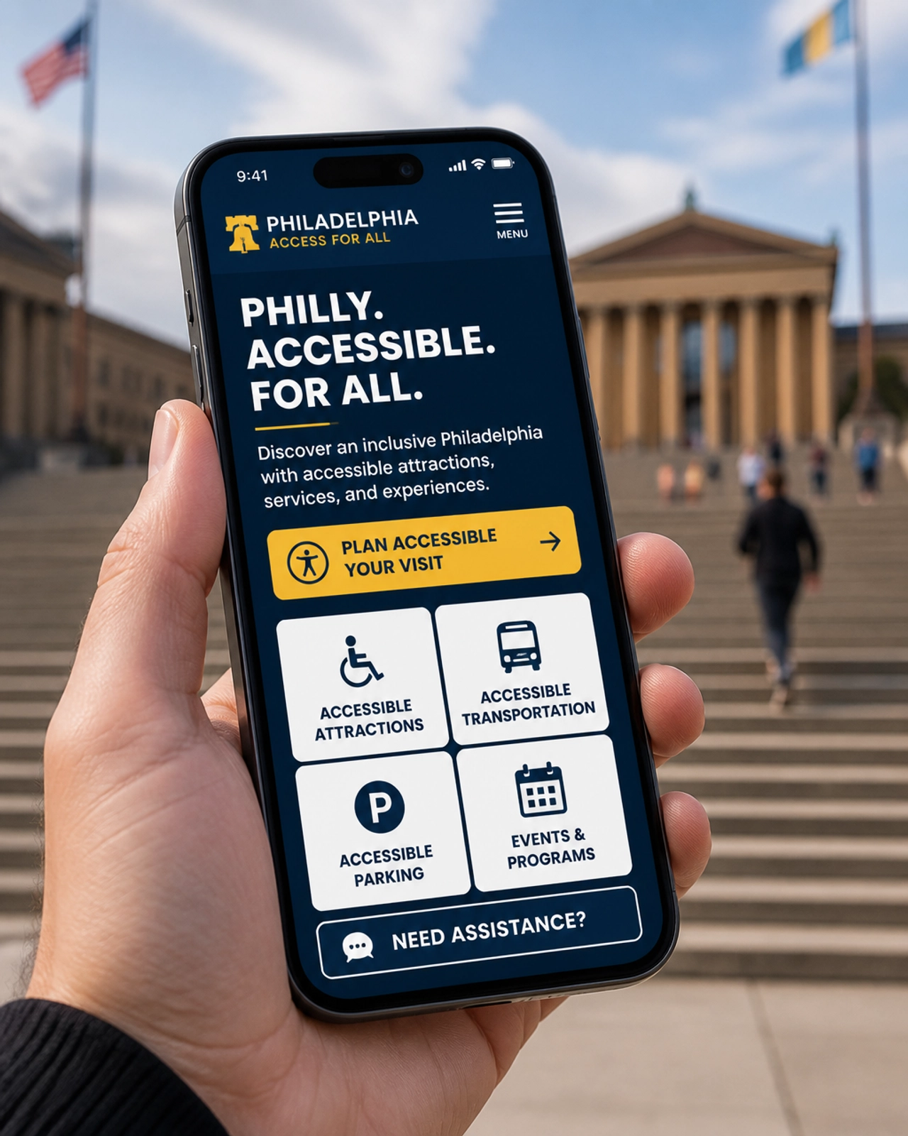 Custom mobile website interface being used near the Rocky Steps in Philadelphia, highlighting ADA compliance and clean design