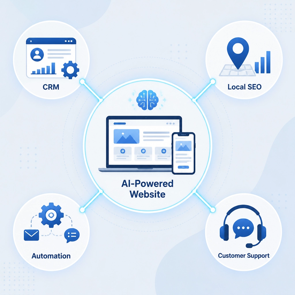 Infographic showing an AI-powered website connected to CRM, Local SEO, and Automation tools