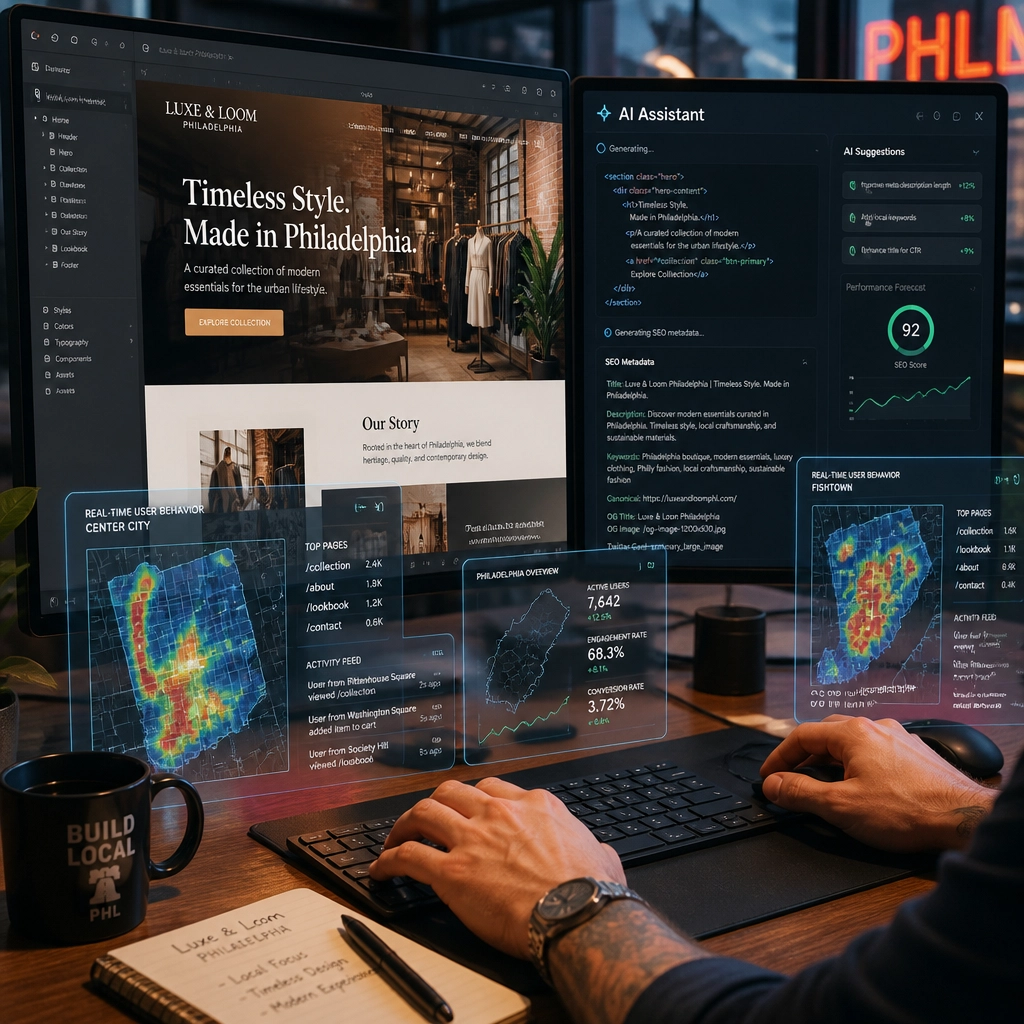 A designer's hands working on a modern dual-monitor setup, with AI assistant generating code and holographic interfaces showing real-time user behavior in Philly.