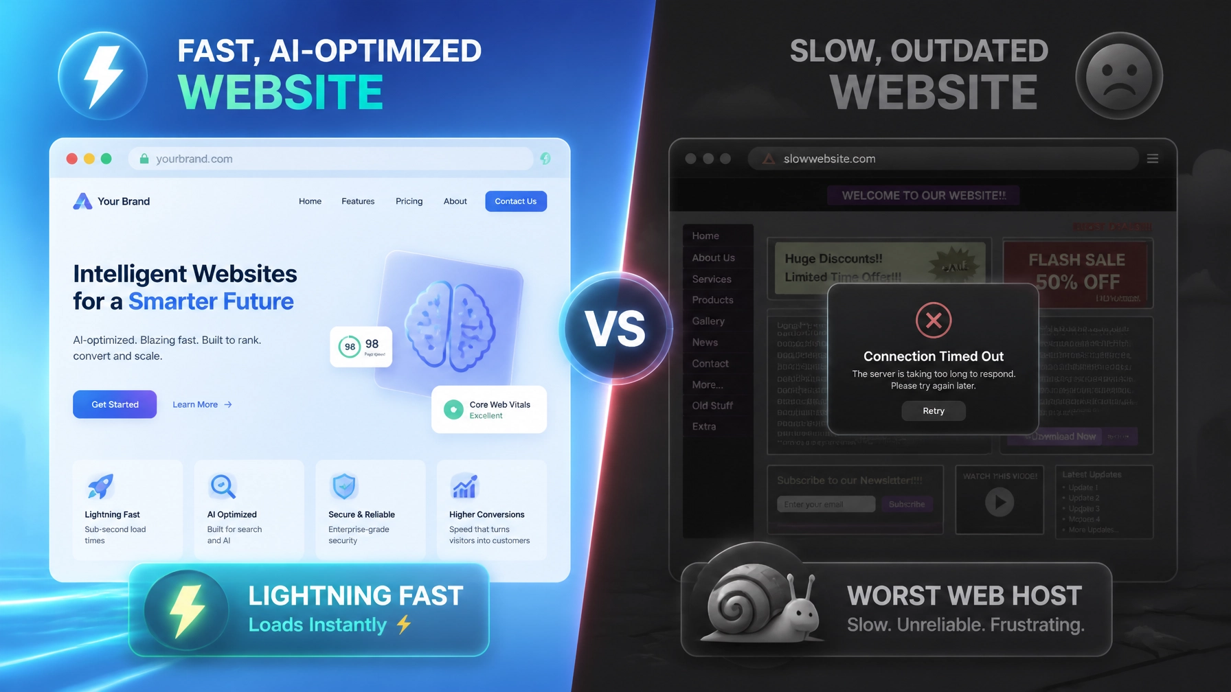 A contrast between a fast, AI-optimized website and a slow, cluttered site representing a poor hosting experience