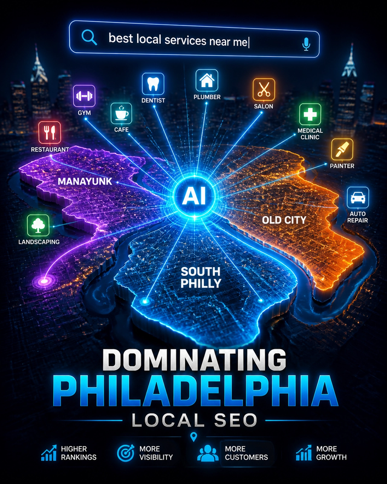 A glowing 3D map of Philadelphia highlighting different neighborhoods, representing the power of dominating local SEO through AI.