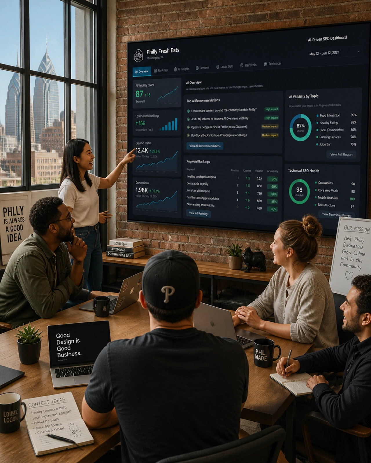 BENT Enterprise team working on AI-driven SEO dashboard in a Philly office