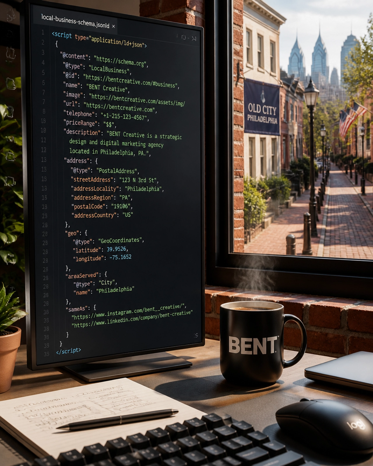 Close-up of a programmer's workstation in a Philadelphia loft, showing glowing JSON-LD Schema code on a monitor.