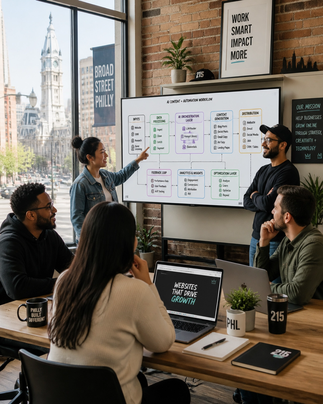 A team of creative professionals in a sunlit Philadelphia office reviewing a complex AI workflow diagram on a large screen.