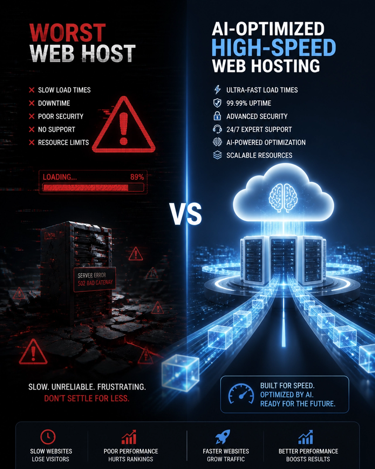 A comparison between a cluttered, slow 'worst web host' and a clean, high-speed AI-optimized server architecture.