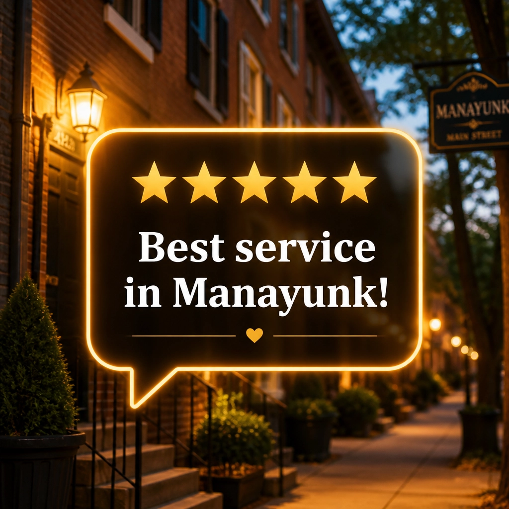 Glowing digital review bubble with five stars and Philadelphia-specific text