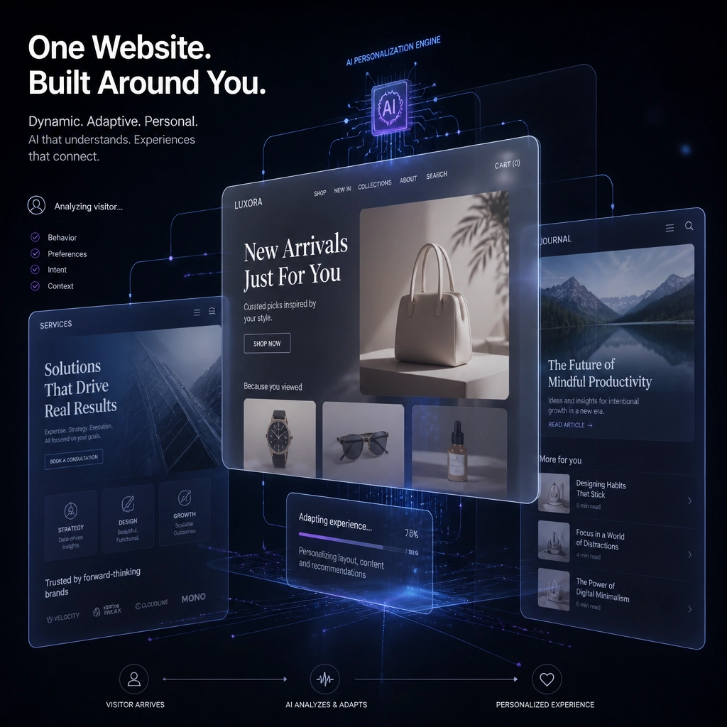A conceptual visualization of a website interface that is dynamically morphing and personalizing itself for a visitor via AI.