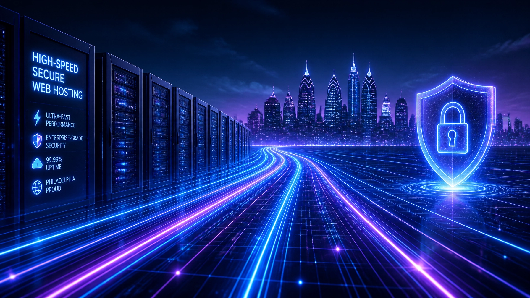 Futuristic secure web hosting server room with neon digital streams