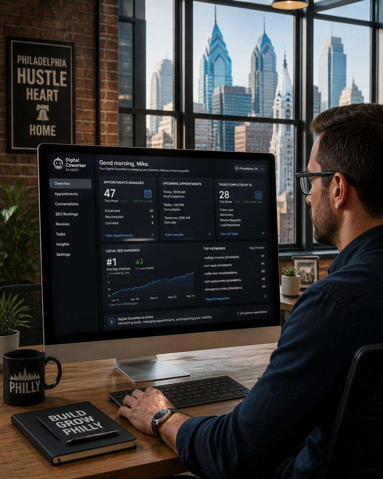A modern Philadelphia office interior with a business owner looking at an AI 'Digital Coworker' dashboard managing customer appointments.