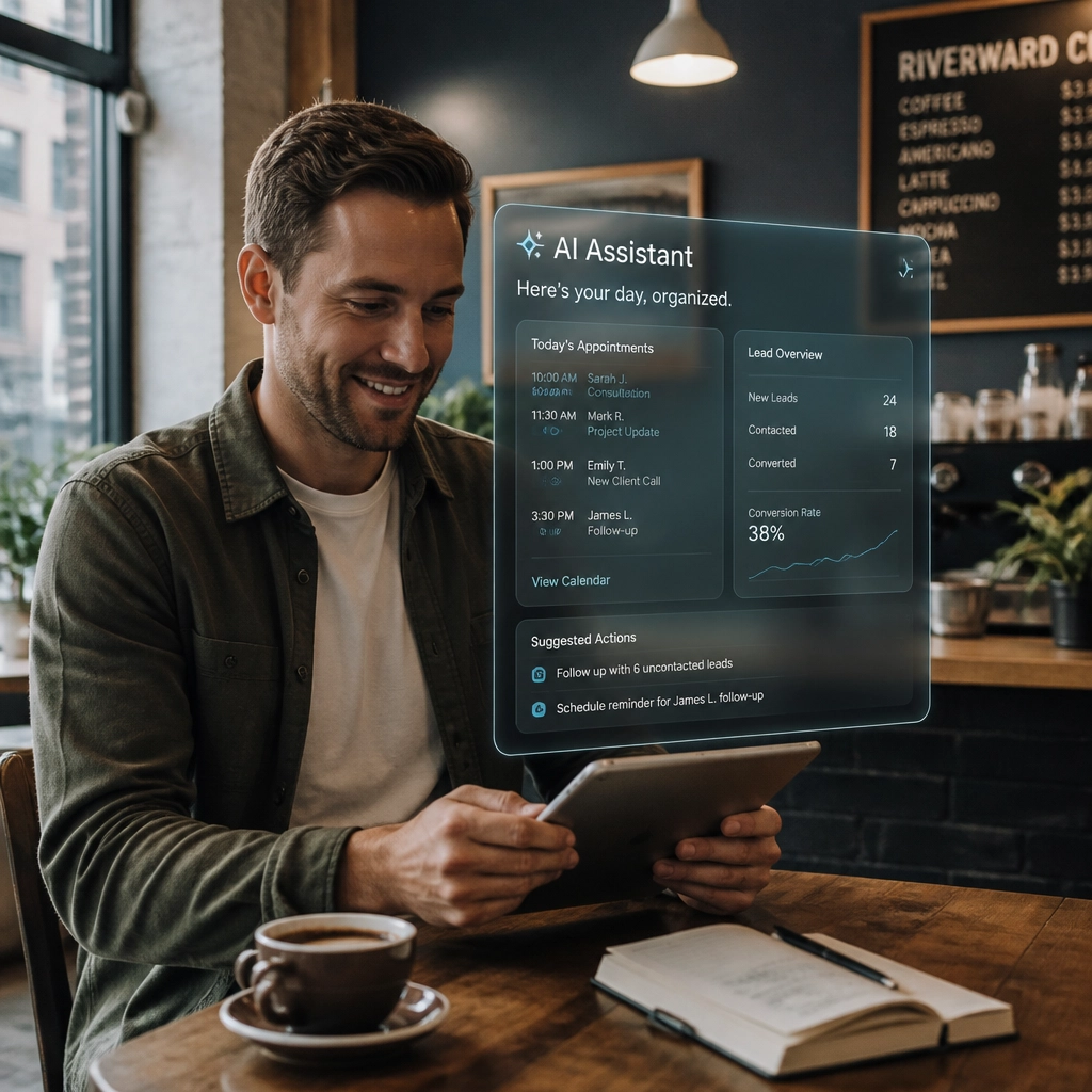 Small business owner using AI assistant at a Philly cafe