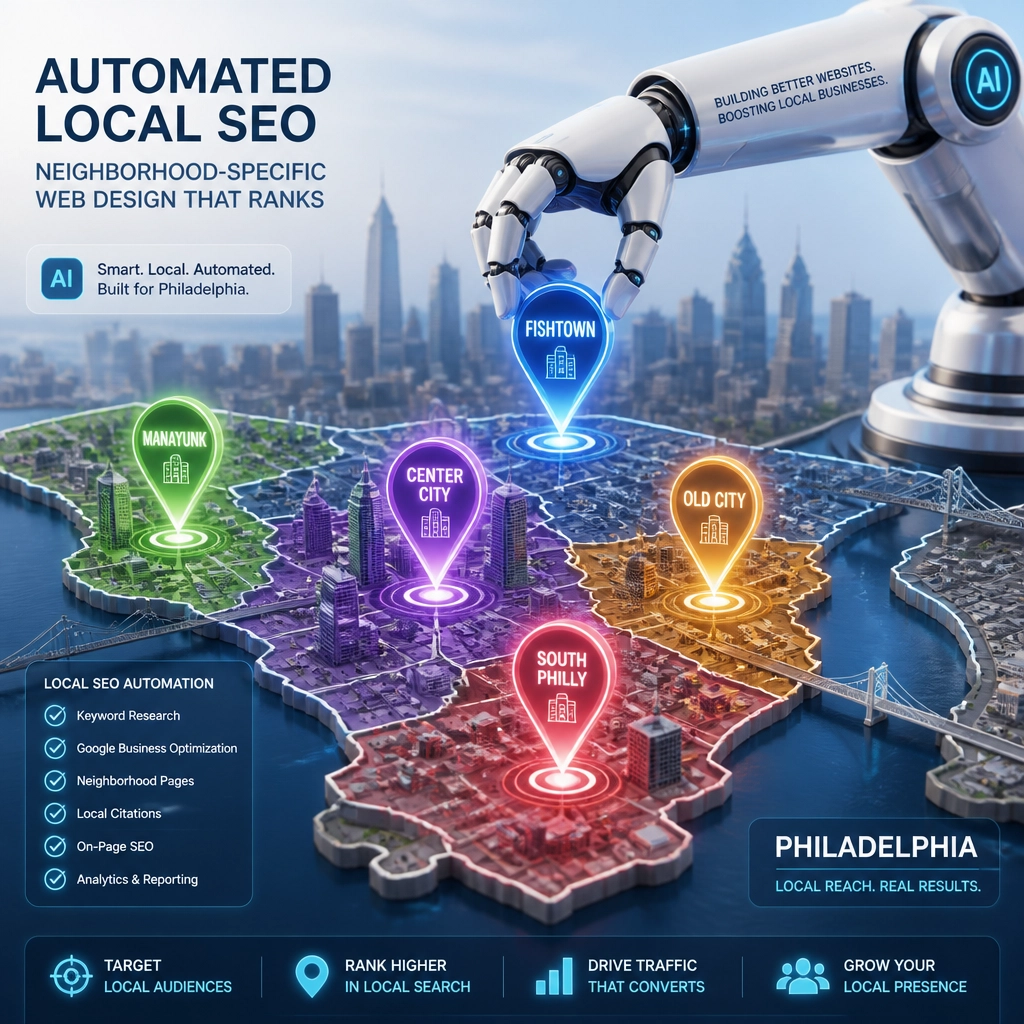 3D map of Philadelphia neighborhoods with digital pins representing local SEO authority