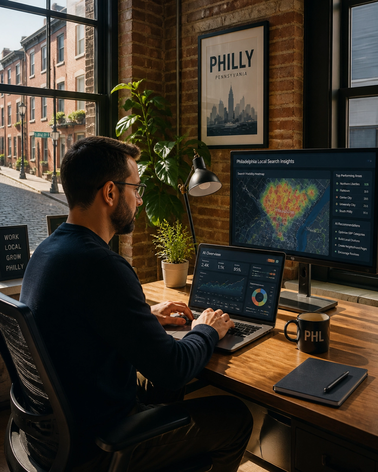 Modern Philadelphia workspace with AI search dashboard