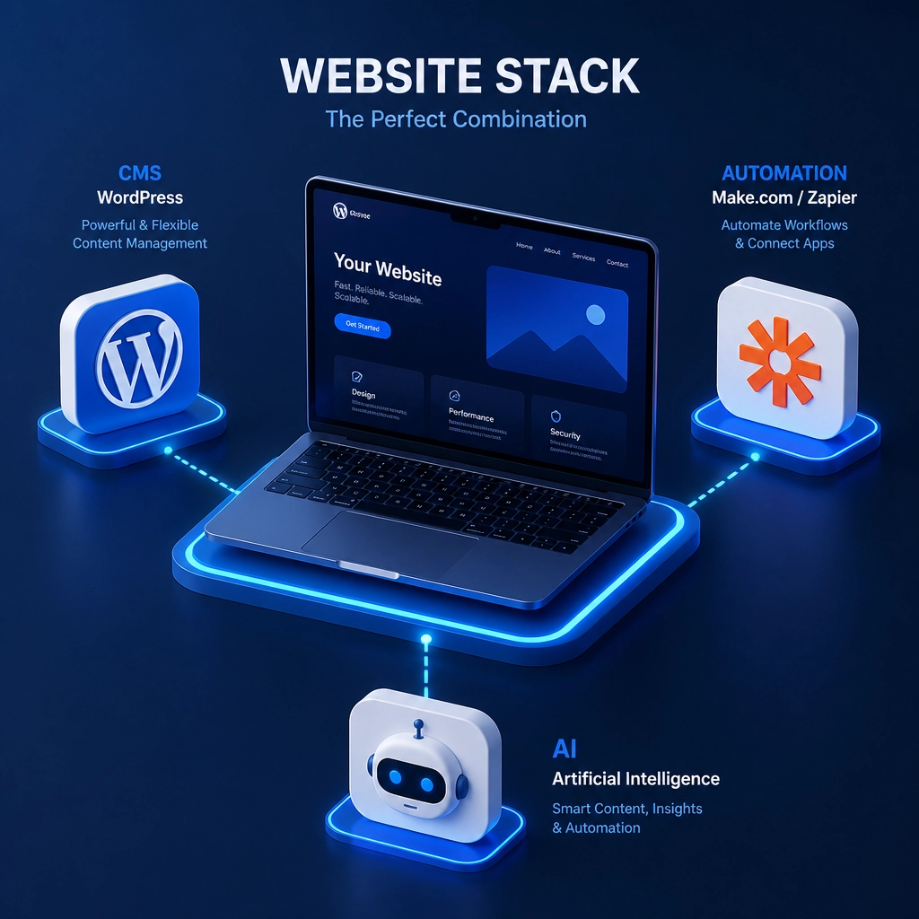 A minimalist 3D isometric illustration showing a glowing laptop connected to icons for a CMS, automation gears, and an AI robot head.