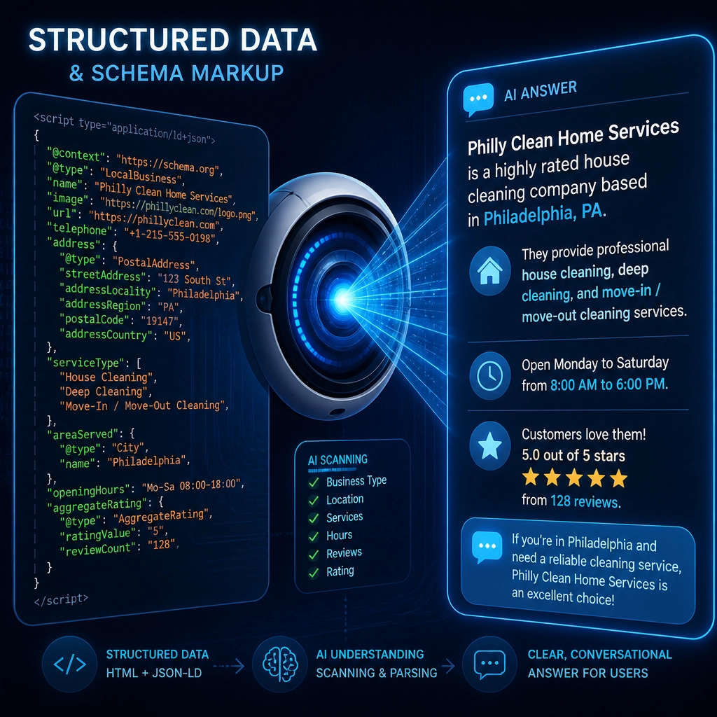 An artistic visualization of 'Structured Data' code being scanned by a stylized AI eye to create a conversational answer.