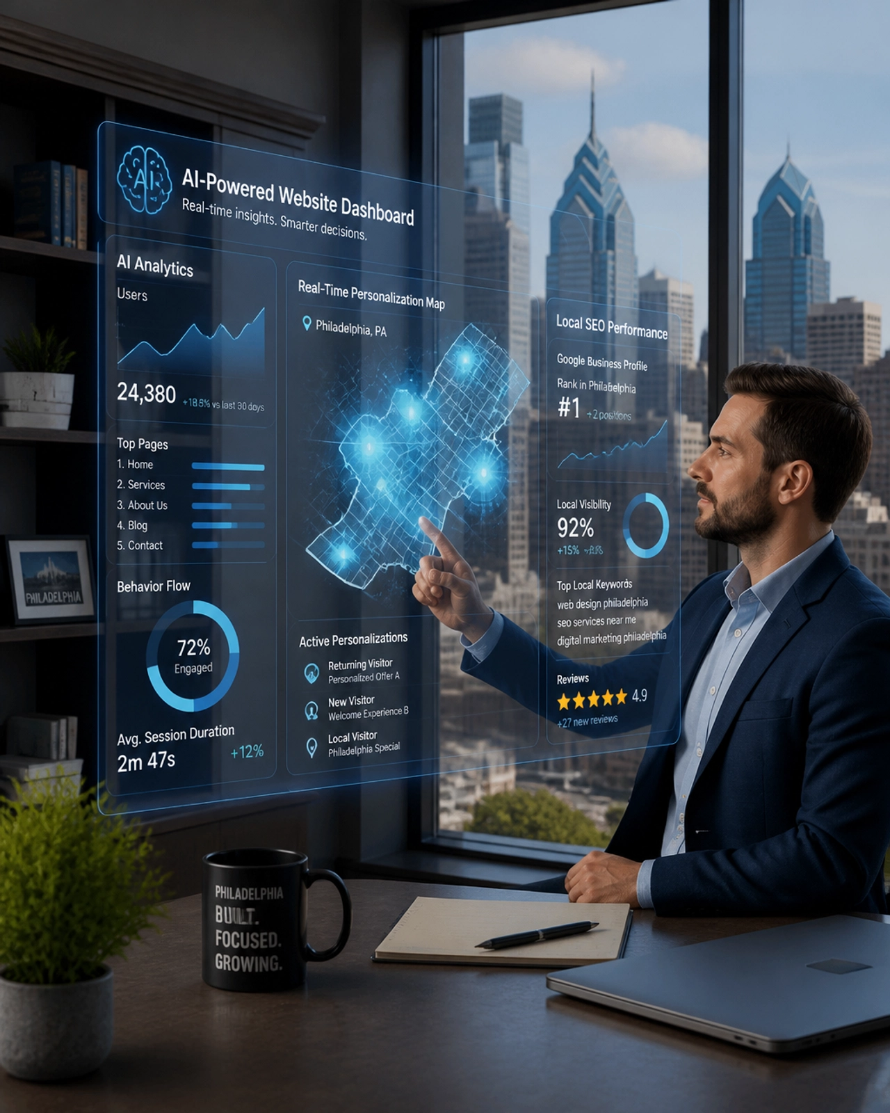 A small business owner in Philadelphia looking at a futuristic, holographic website dashboard showing AI analytics and real-time user personalization maps.