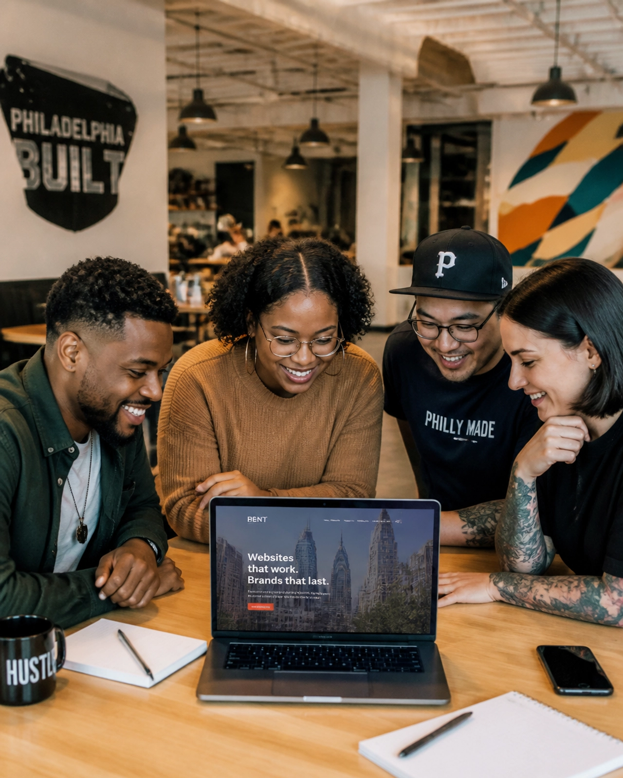 A group of excited Philadelphia small business owners reviewing a successful website project on a laptop