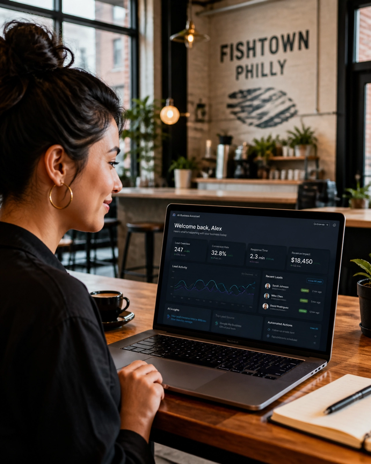 A Philadelphia small business owner using an AI dashboard in a modern cafe