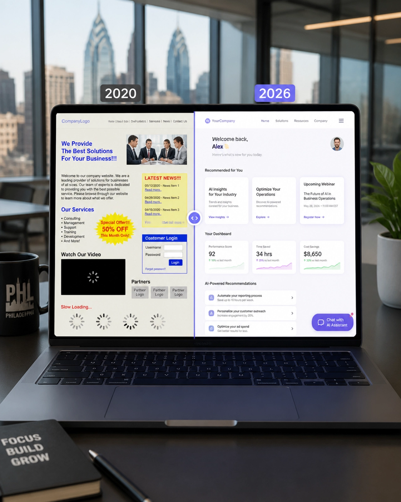 Comparison of old static web design vs modern AI-driven UI