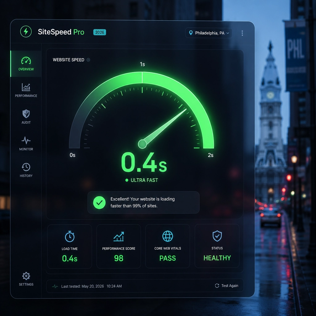 Digital dashboard showing a website speed gauge hitting a 0.4s load time