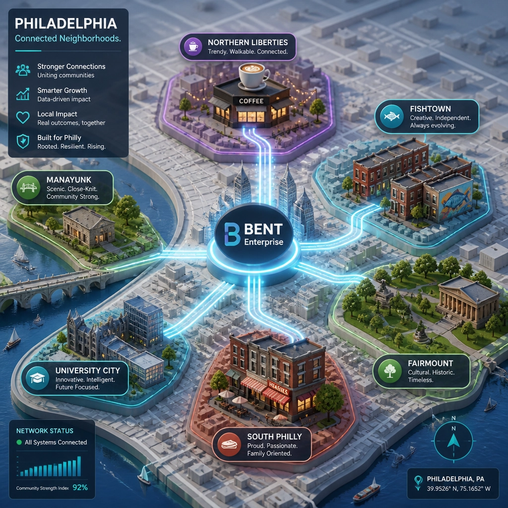 A 3D digital map of Philadelphia neighborhoods like Fishtown and South Philly, showing AI paths connecting them to BENT Enterprise.