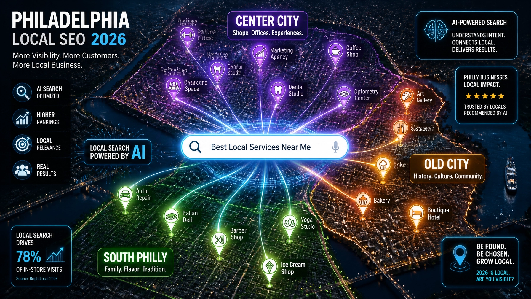 A map of Philadelphia highlighting AI-driven local SEO search pulses