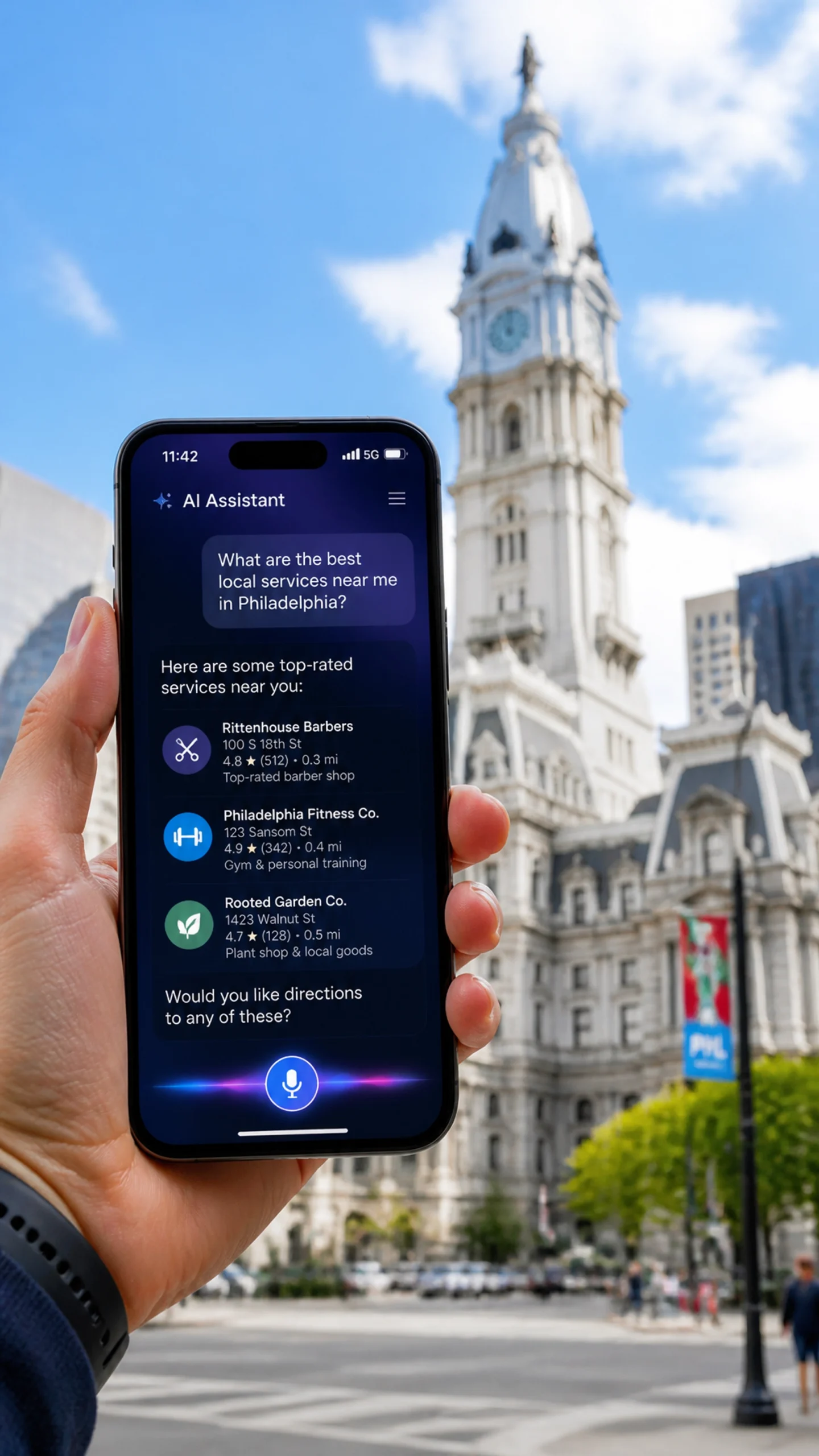 A user using an AI voice assistant in front of Philadelphia's City Hall