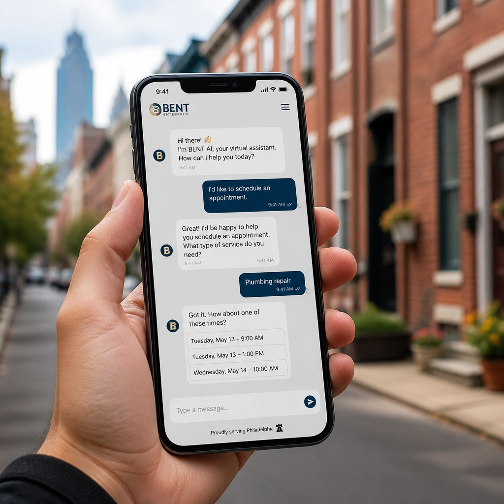 A modern AI chatbot interface on a smartphone screen assistng a customer with a booking in a Philadelphia neighborhood context.