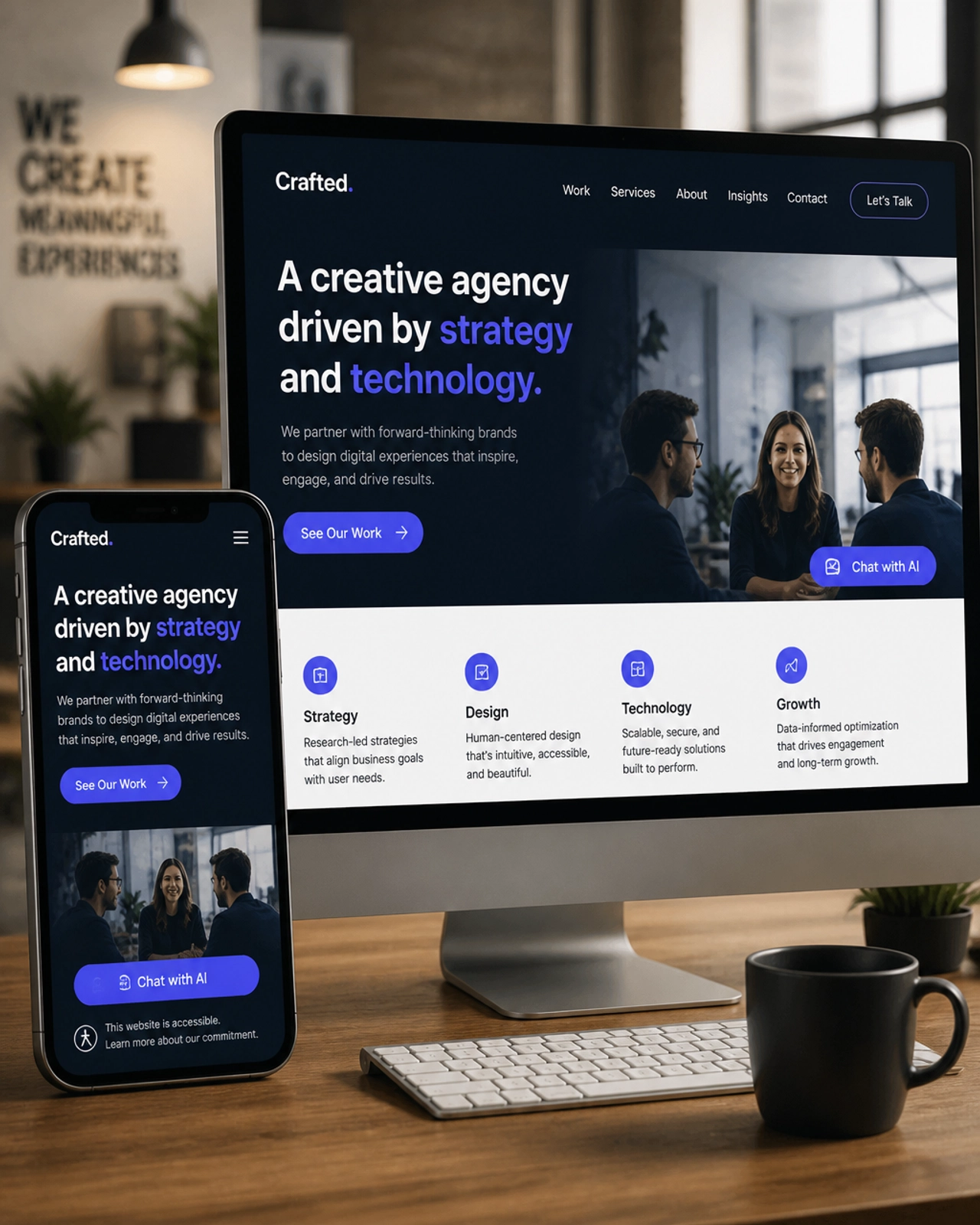 Elegant mobile and desktop web interface showcasing accessibility and AI chat