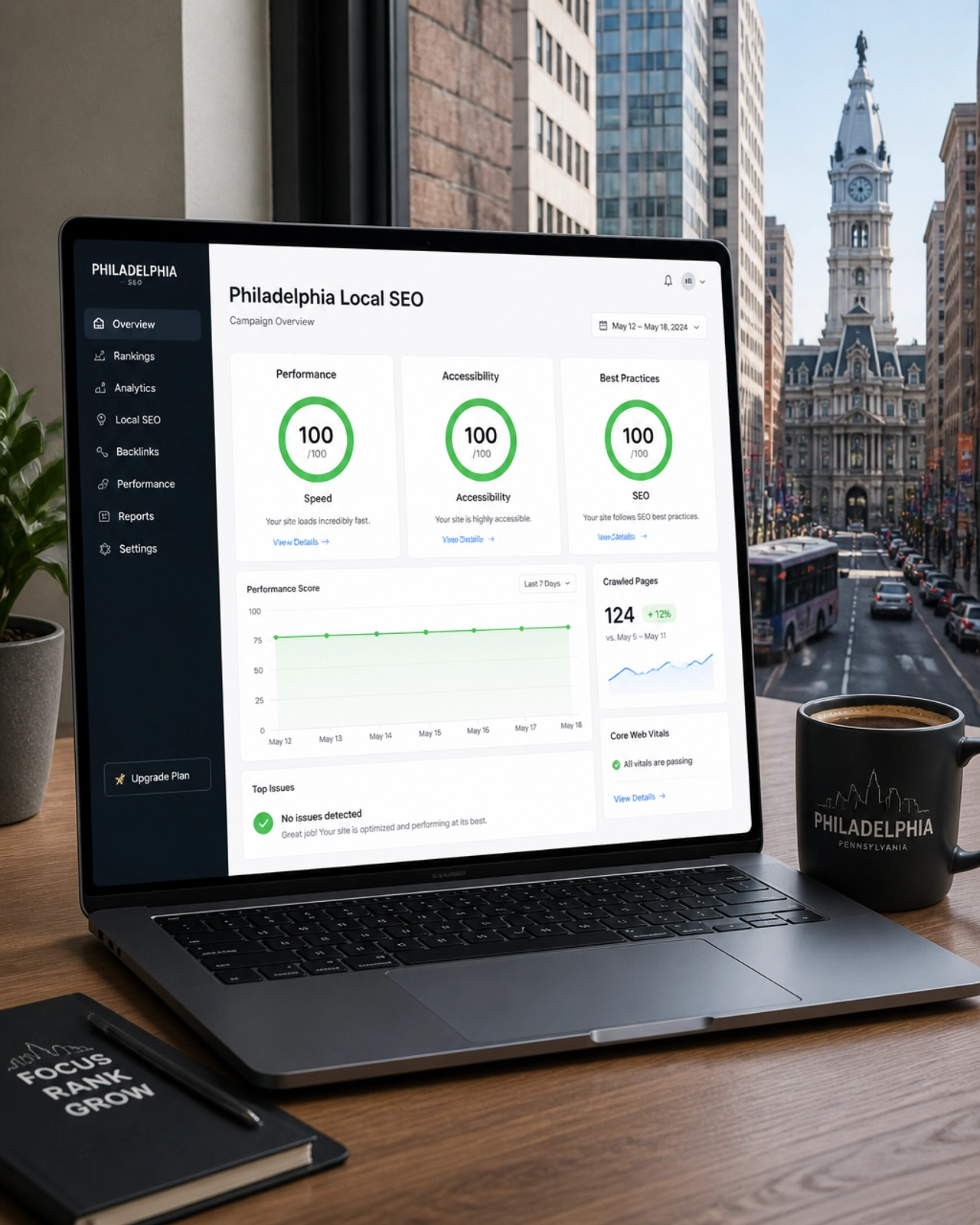 A high-performance web dashboard displaying 100/100 scores for speed and SEO for a Philadelphia business.