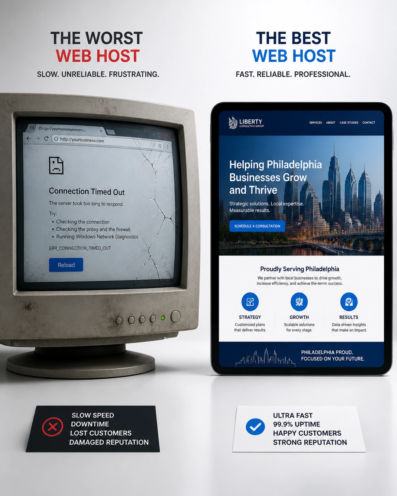 A conceptual image contrasting a slow, broken computer screen (poor hosting) with a sleek, ultra-fast tablet displaying a modern Philadelphia business website.