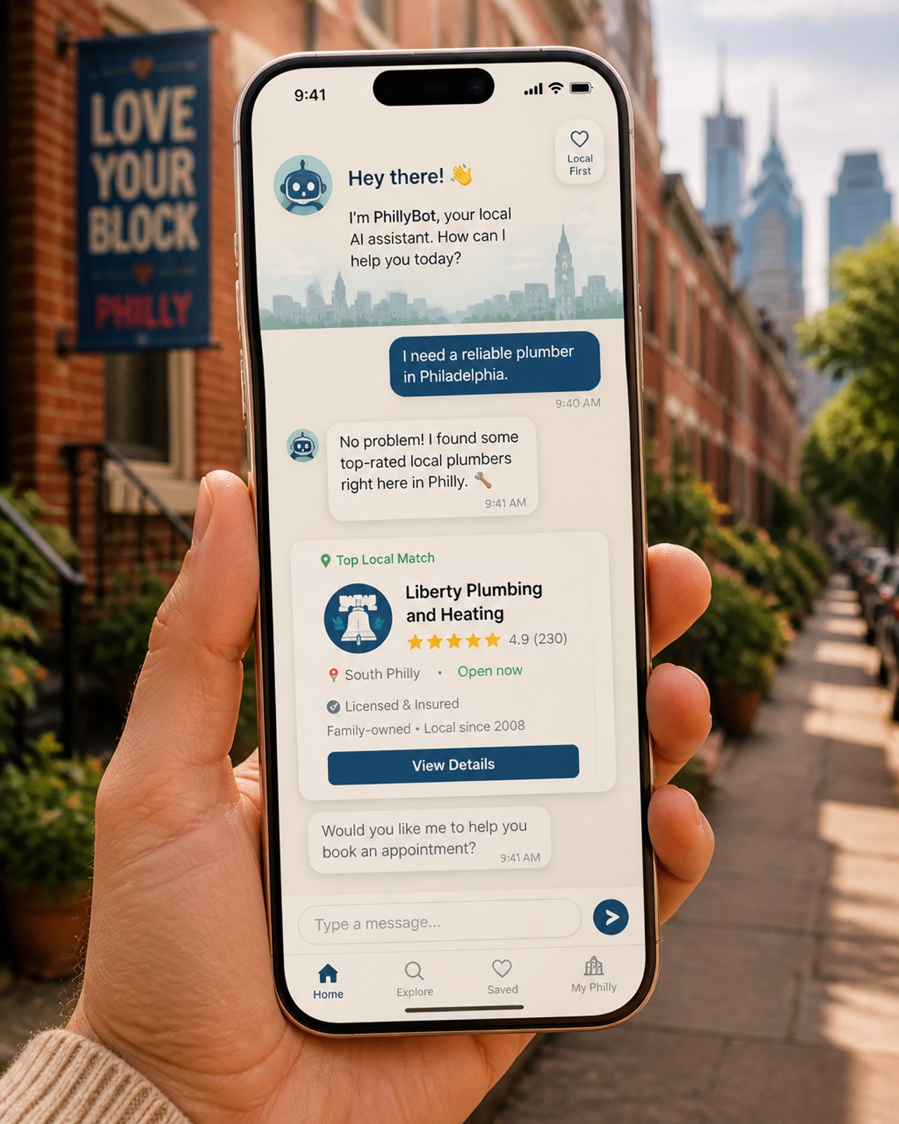 Friendly AI assistant helping a customer on a smartphone in a Philly cafe
