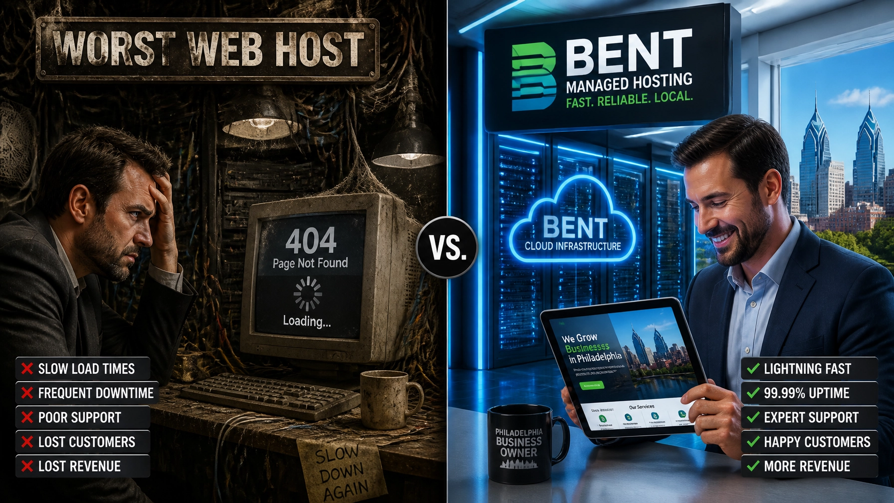 A split-screen comparison showing a frustrated business owner on a slow host versus a happy one using BENT's managed hosting.