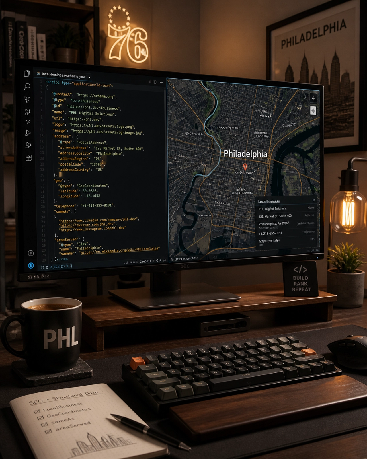 Web developer desk with schema data on the monitor