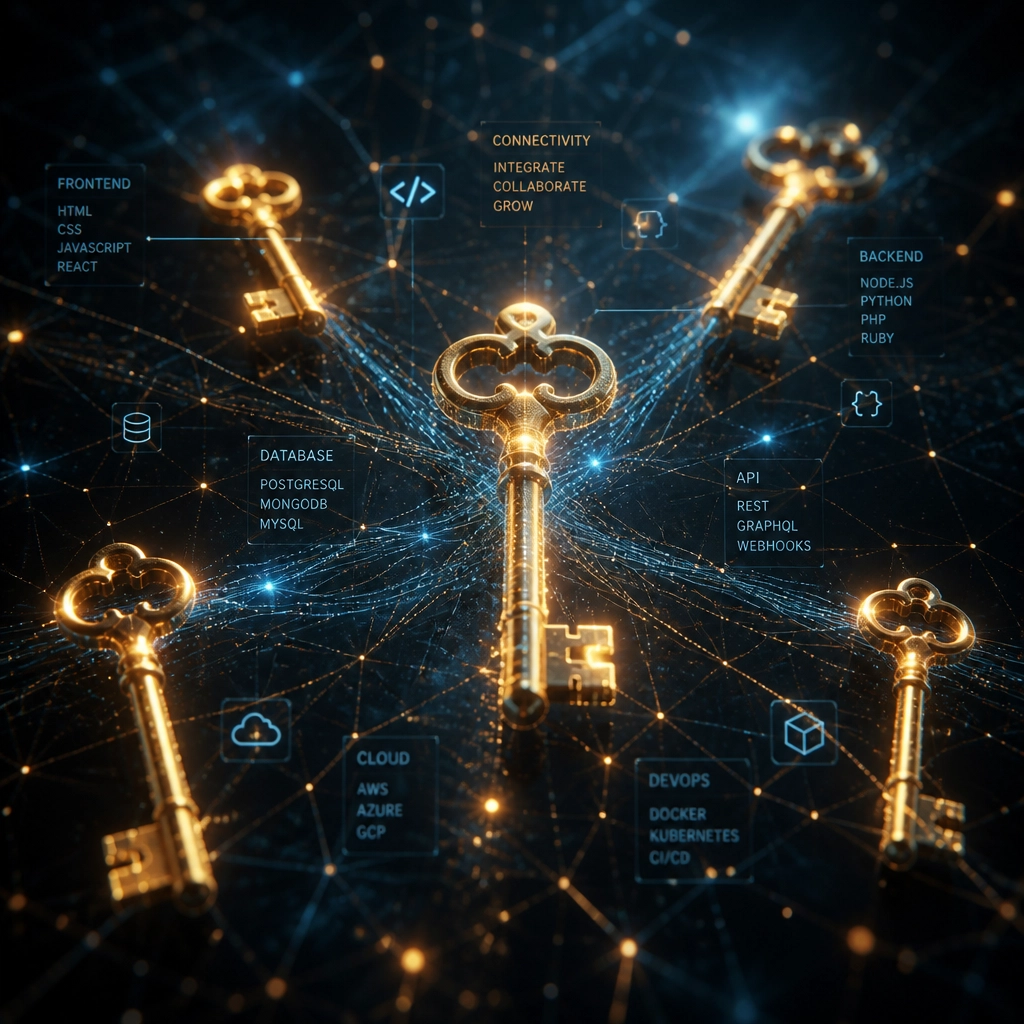 An abstract image representing connectivity with glowing Philadelphia-style keys floating in a digital void connected by data streams.