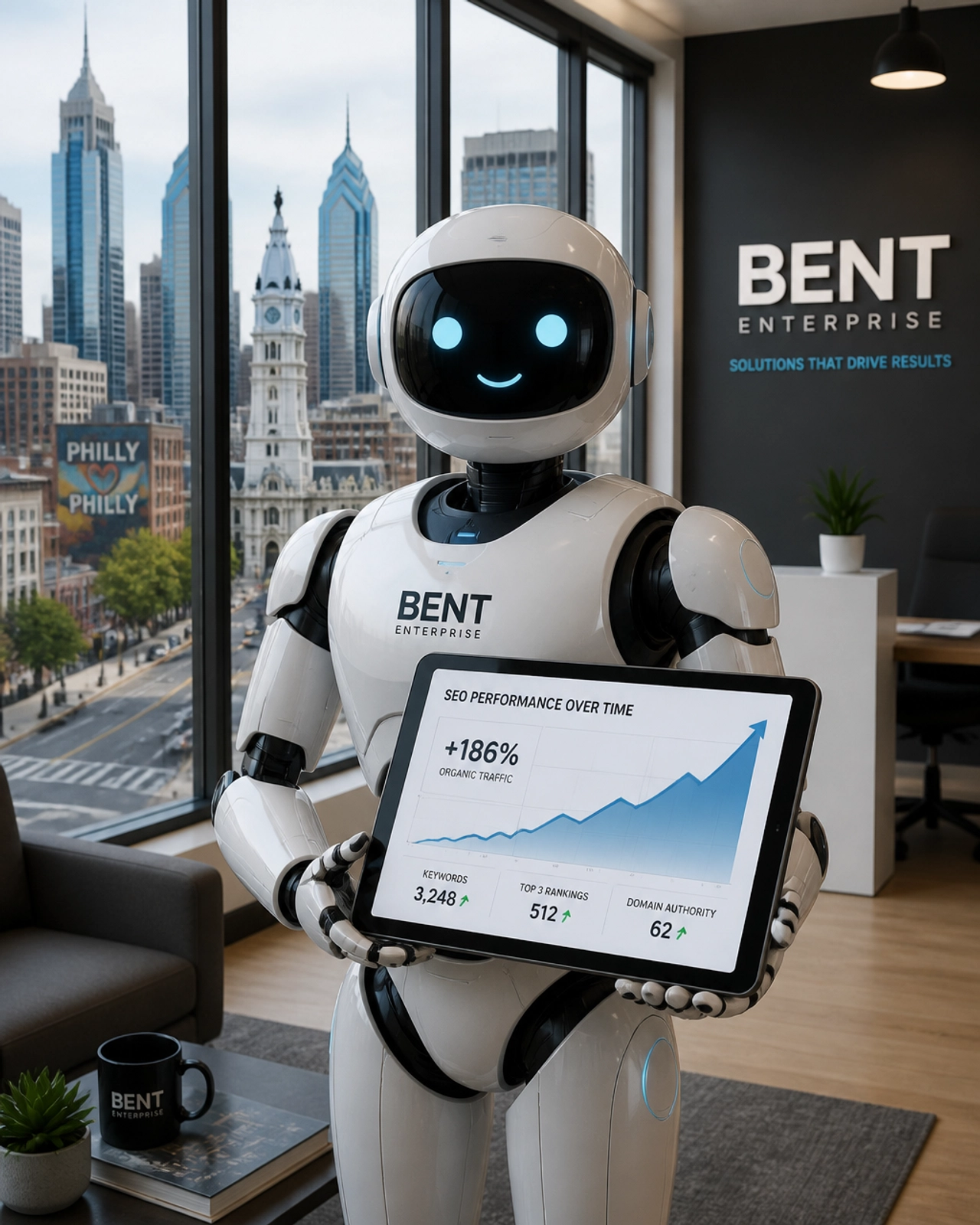 A friendly, futuristic AI assistant standing in a modern BENT Enterprise office in Philadelphia, holding a digital growth chart.